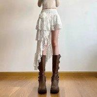 Deeptown Vintage Boho Lace Skirt Women White Asymmetrical Skirts Elegant Fairycore Korean Fashion