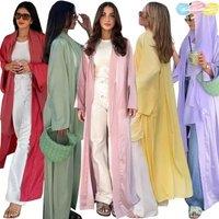 Muslim Women Pink Satin Kimono Abaya Damen Dubai Elegant Luxury Kaftan Modest Dress Islam Caftan