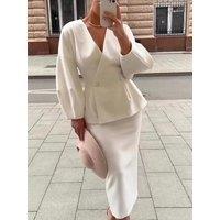 Elegant Puff Sleeve Slim Fit High Waist Women Coat Skirt Sets Fashion V Neck Solid Button Lady 2