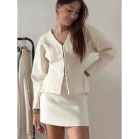 Women Fashion 2 Piece Set Solid Single Breasted Jacket & Vintage High Elastic Waist Mini Skirt