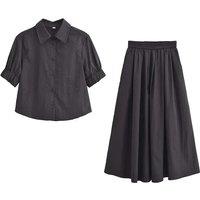 Women VintageTwo Piece Skirt Set 2025 New Summer Short Sleeve Shirts Long Skirt Set Casual Matching