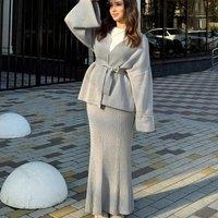 Autumn Winter Dress Sets Women Knit Sweater Two Piece Set Matching Sets Splice Skirt Thick Pants