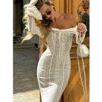 Lace Hollow Out One-shoulder Slim Long Dress For Women Solid Lace Up Waistless Dresses 2025 Chic