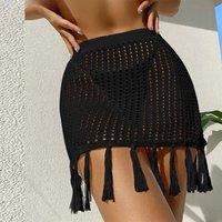 Women Sexy Hollowed Out Crocheted Cover Up Skirt Summer Solid See Through Beach Swimsuit Cover Up