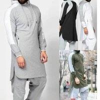 Hooded Men Muslim Patchwork Islamic Clothing Long Sleeve Dubai Kaftan Male Saudi Arabia Shirt Plus