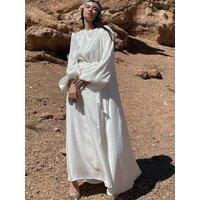 White Kimono Abaya Summer Shiny Satin Balloon Sleeve Muslim Hijab Dress Saudi Open Abayas for Women