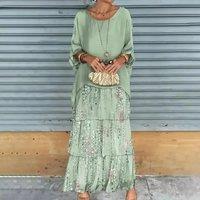 Elegant Floral Print Cake Chiffon Skirt Dress Set Women Round Neck Bat Sleeve Top Pullover Suit