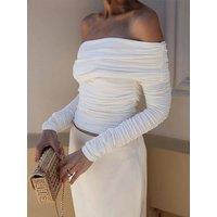 Ruched Off-Shoulder Top Shirt For Women 2025 New Long Sleeve Solid Pullover Tops Winter Outfits Top