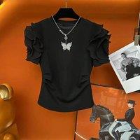 Women's Cotton Short-sleeved T-shirt Butterfly Beads Three-dimensional Flowers Summer New Pleated