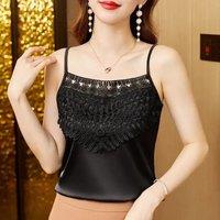 Elegant Solid Color Spliced Lace Satin Camis Tank Top Women's Clothing 2025 Summer New Loose Chic