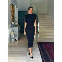 Sexy Black Split Sleeveless Shoulder Pads Bodycon Dress Women Zipper Sleeveless Slim Midi Dresses