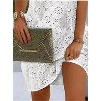 Elegant Dresses V-Neck Eyelet Embroidery Tied Detail Sleeveless Mini Straight Dress Vacation Fashion