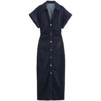 2025 Women's Pleated Decorative Short Sleeved Lapel Denim Slim Fit Long Skirt Spring New Solid Color