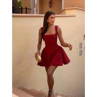 Sexy Red Square Neck Suspender Dress Women Elegant Slim Sleeveless Mini Dresses 2024 New Summer