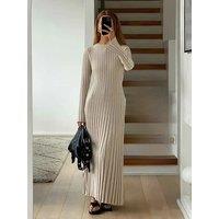 Women Elegant Solid Pleated Knitted Maxi Dress Casual Round Neck Long Sleeve Lace Up Dresses 2024