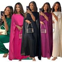 Autumn Fashion Muslim Women Dress Elegant Solid Chiffon Cloak Satin Dress Dubai Abaya Women