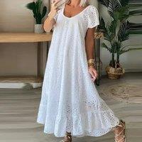 Women Fashion Crew Neck Hollow Out Party Dress 2025 Spring Solid Loose Long Pleated Dress Summer