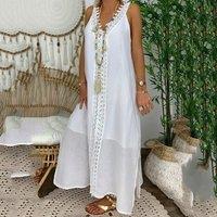 Women Summer Dress Sleeveless Plus Size Solid Color Summer Dress V Neck Lace Patchwork Slitting Hem
