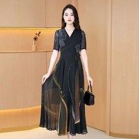Fashion V-Neck Spliced Folds Chiffon Printed Vintage Dress Women's Clothing 2025 Summer New Loose