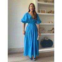 Elegant Pleated Short Puff Sleeve Women's Long Dress 2025 New Summer Luxury Blue Deep V Neck Party