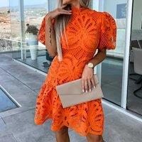 Women Fashion Embroidery Hollow Lace Mini Dress Casual Puff Short Sleeve Party Dress Elegant Half