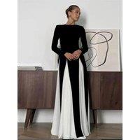 Elegant Black White Patchwork Maxi Dresses Women Fashion O-neck Long Sleeves Slim Dress New Female