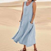 Cotton Linen Sleeveless Dress for Women Summer Pullover Skirt Vestidos Fashion Female Clothing Short