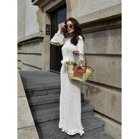 Fashion Solid Ruffles Pleated Loose Long Dress Women Elegant Round Neck Flare Long Sleeves Maxi
