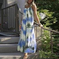 Vintage Tie-dye Striped Print Sling Long Dress Women Spring V Neck Backless Boho Maxi Dress Summer