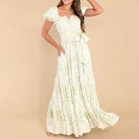 Women Elegant Floral Print Pleated Long Dress Spring Sexy V Neck Lace-up Pocket Party Dress Summer
