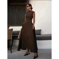 Elegant Lady Slanted Collar Solid Pleated Long Dress Fashion Sleeveless Slim Loose Hem Dresses Chic