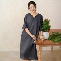 Loose Fit Women Dress Casual Vintage Embroidery Ramie Long Dresses Summer