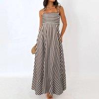 Elegant Square Collar Sleeveless Long Dress Women 2025 Summer Striped Print Party Dress Spaghetti