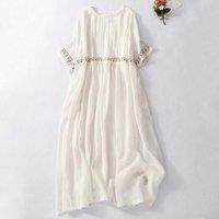 Cotton Linen Blended Midi Dress Women Holiday Bohemian Sundresses Round Neck Short Sleeve Elegant