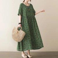 Short Sleeve Oversize Vintage Floral Dresses Women Casual Large Size Big Swing Loose Long Summer