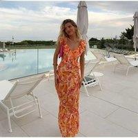 Sexy Backless Print Dress Women Butterfly Sleeve Hollow Out Bandage Long Dresses 2024 Summer