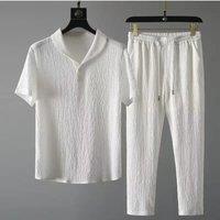 Summer Ultra-thin Five-piece Ice Silk Linen Suit Men's Cotton Linen 2-piece Set Loose-fit Mid-sleeve