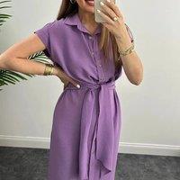 Women Casual Solid Lace-up Office Shirt Dress Spring Single Breasted Lapel Long Dress Summer Short