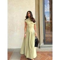 Women Elegant Green Pleated Dress Fashion O Neck Short Sleeve Patchwork Long Dresses 2025 New Casual