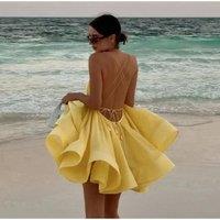 Beach Backless Short Puffy Sling Dress Women Sexy Lace Up Sleeveless A-line Dresses 2025 Summer Lady