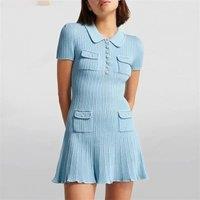 2025 Spring/Summer New Polo Neck Short Sleeve Knitted Dress Y2K Fashion Commuter Elastic Slim Fit