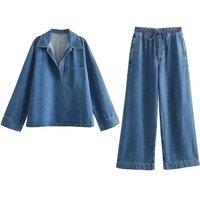 Woman Vintage Denim Shirt Suit 2024 Spring Female Solid Dark Blue Polo Collar Shirts Suits Ladies