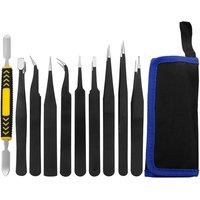 10/11Pcs ESD Industrial Tweezers Set Anti-Static Stainless Steel Curved Pointed Tweezers Kit Electronic Repair DIY Maintenance