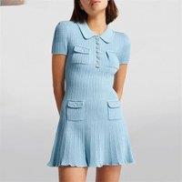 2025 Spring/Summer New Polo Neck Short Sleeve Knitted Dress Y2K Fashion Commuter Elastic Slim Fit