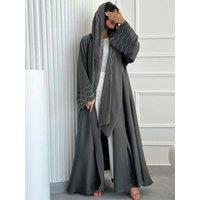 Ramadan Eid Women Gray Black Dubai Khimar Abaya Islam Muslim Kimono Hijab Dress Set Kebaya Kaftan