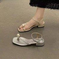 Pearl Summer 2025 Women's Shoes One Word Sandals for Woman Footwear White Roman Style Open Toe Block