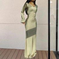 2025 New Elegant Long Dresses Fashion Vintage Simple Round Neck Satin Flare Sleeve Lace Up Slim