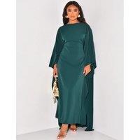 Autumn Fashion Satin Party Dress Robe Abaya Muslim Women Elegant Solid Round Neck Bat Sleeves Loose