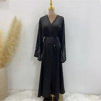 Summer Open Abaya Kimono Dubai Party Kaftan Solid Beaded Muslim Fashion Hijab Dress Abayas for Women