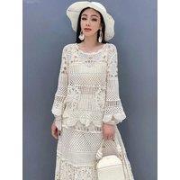 New Lace Set With Hollow Top Swing Long Skirt 2 Piece Set Fashionable Elegant Lady 2025 Spring